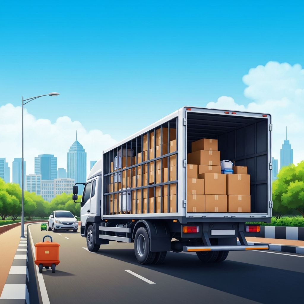 Moving truck on the road with packed household goods